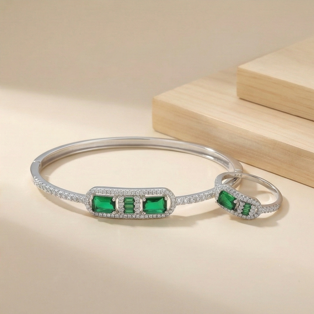925 Sterling Silver Emerald Green Geometric Stone Hinged Bangle and Ring Jewellery Set with Rhodium Finish
