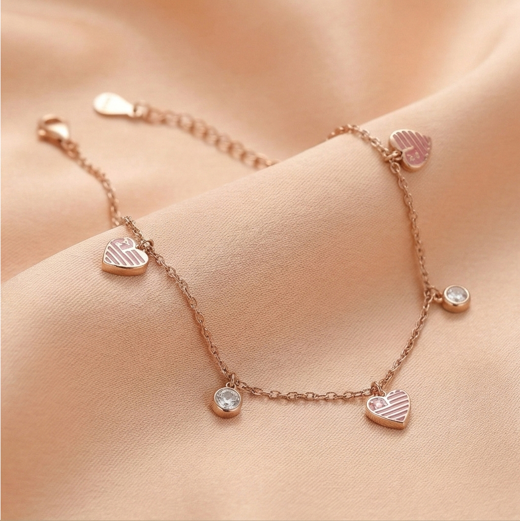 925 Sterling Silver Rose Gold Plated Pink Heart Charm Anklet Jewellery