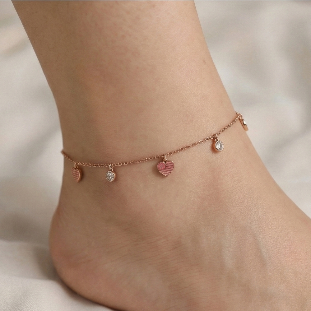 925 Sterling Silver Rose Gold Plated Pink Heart Charm Anklet Jewellery
