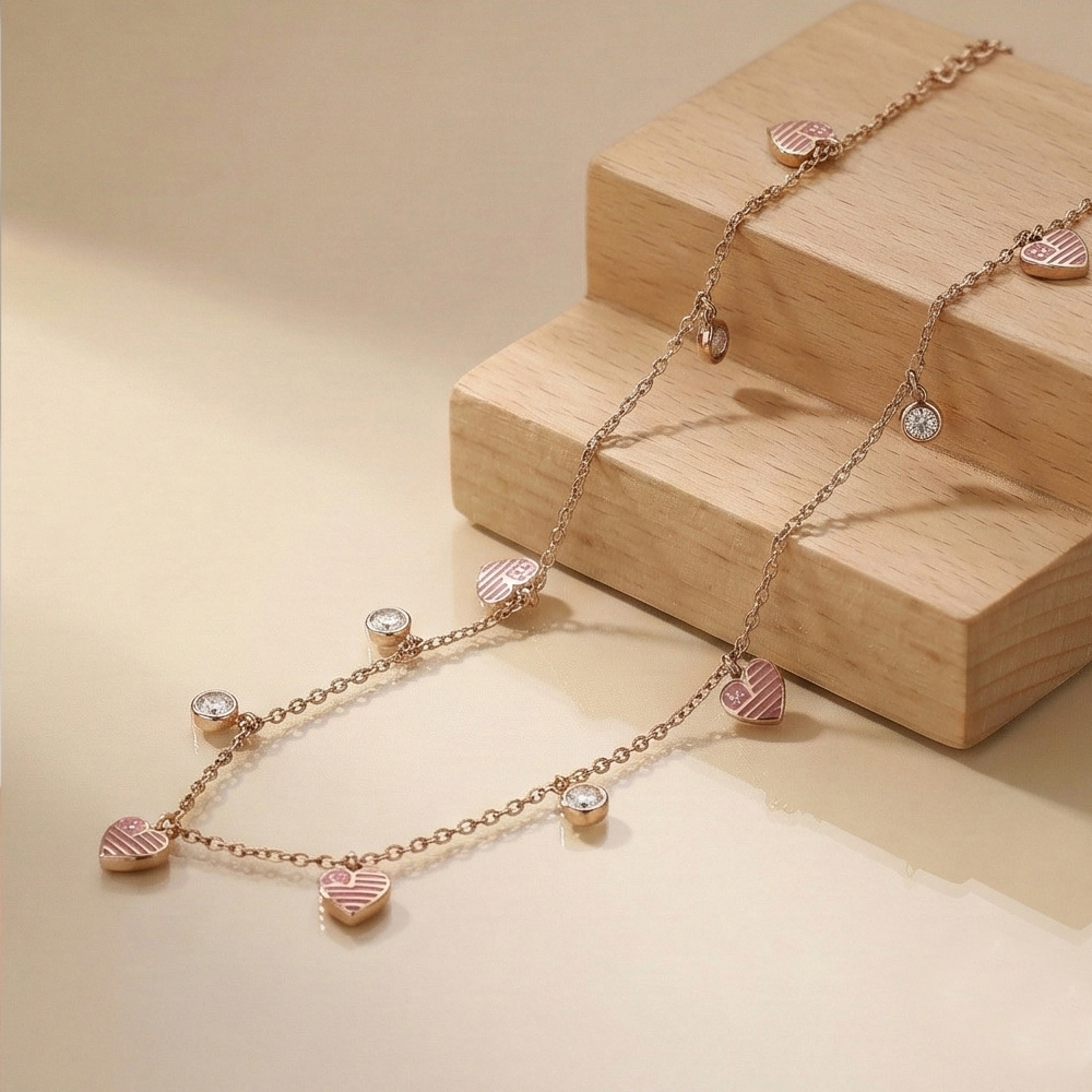 925 Sterling Silver Rose Gold Plated Pink Heart Charm Anklet Jewellery