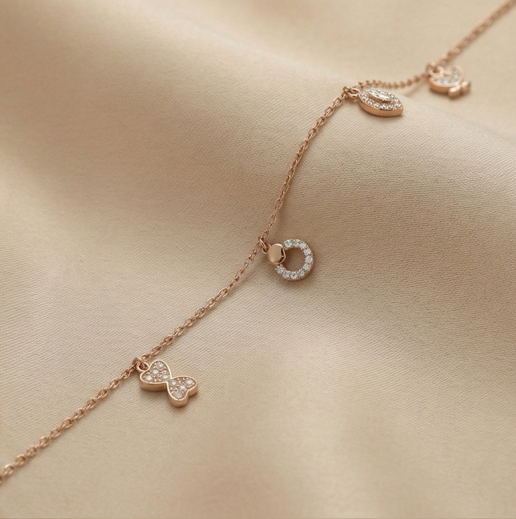 925 Sterling Silver Rose Gold Plated Butterfly and Marquise Anklet Jewellery
