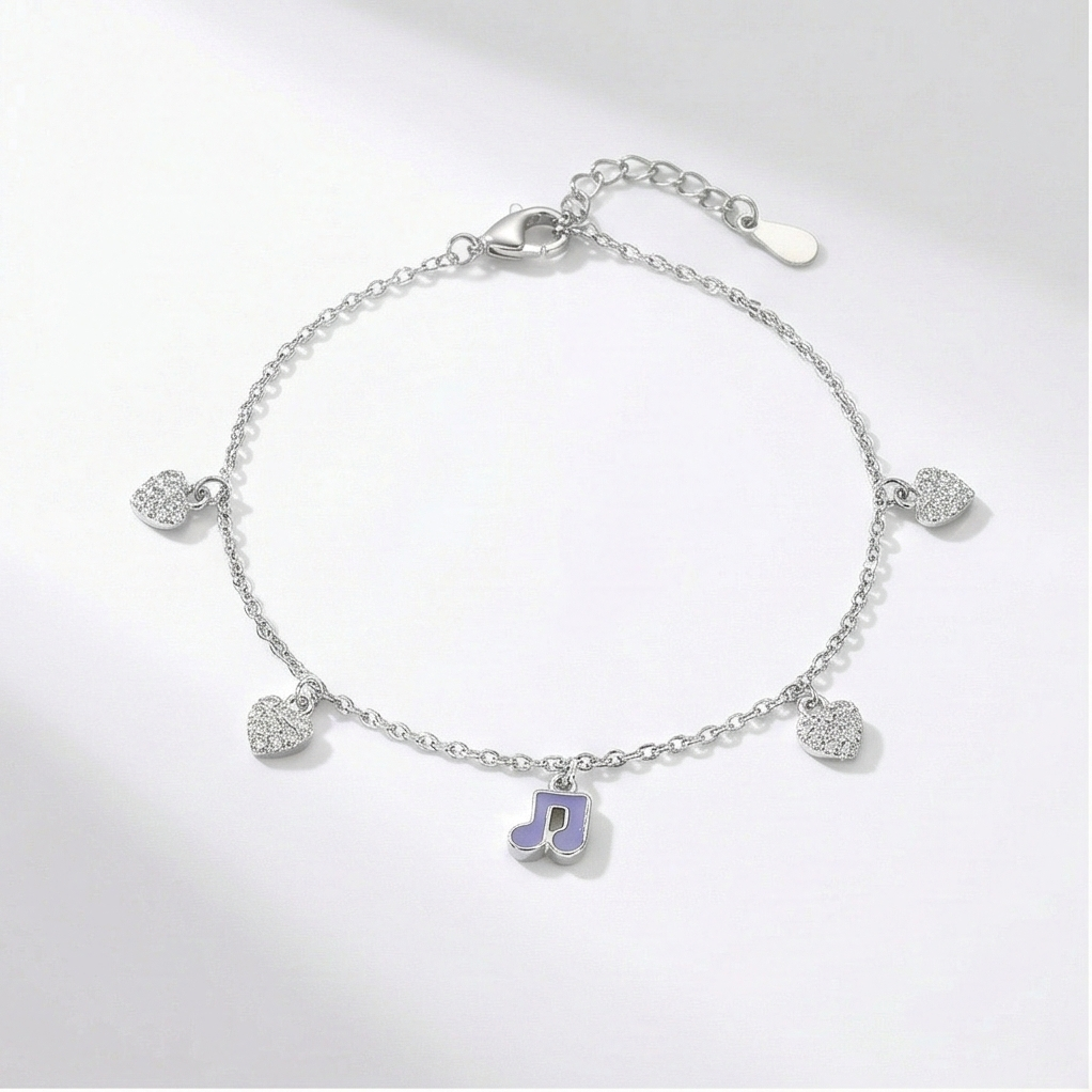 925 Sterling Silver Layered Musical Note and Heart Anklet Silver Finish Jewellery