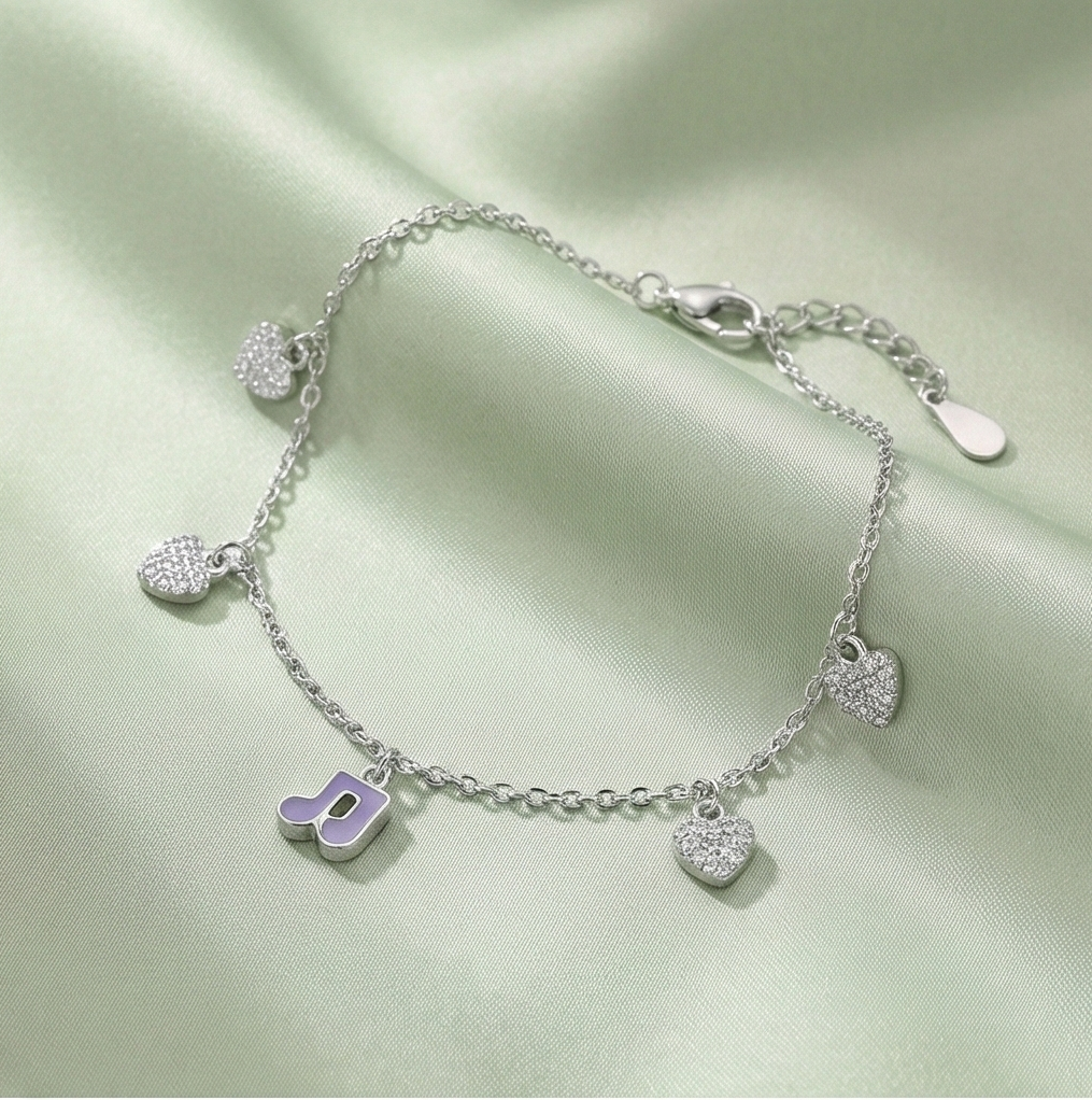 925 Sterling Silver Layered Musical Note and Heart Anklet Silver Finish Jewellery