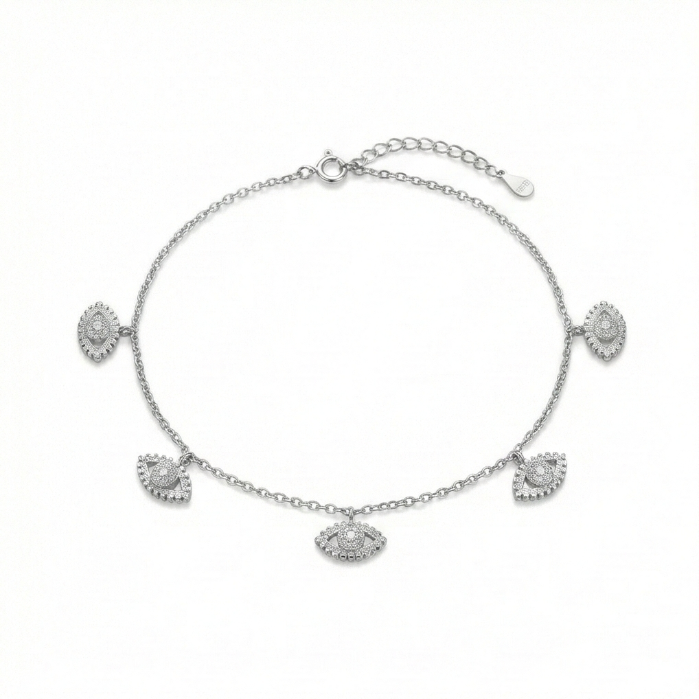 925 Sterling Silver Evil Eye Protection Charm Anklet Silver Finish Jewellery