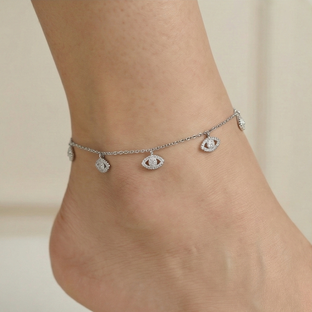 925 Sterling Silver Evil Eye Protection Charm Anklet Silver Finish Jewellery