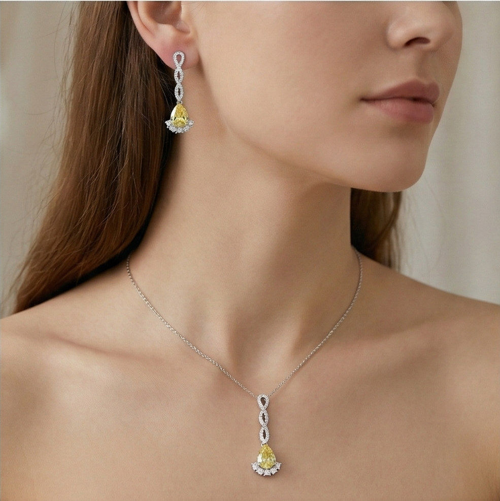 925 Sterling Silver Yellow Pear Drop Pendant Necklace and Earrings Set Jewellery