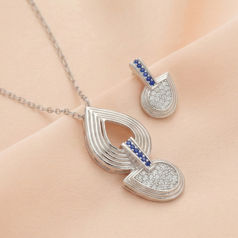 925 Sterling Silver Abstract Teardrop Pendant Set with Blue Stone Accents Jewellery for Women