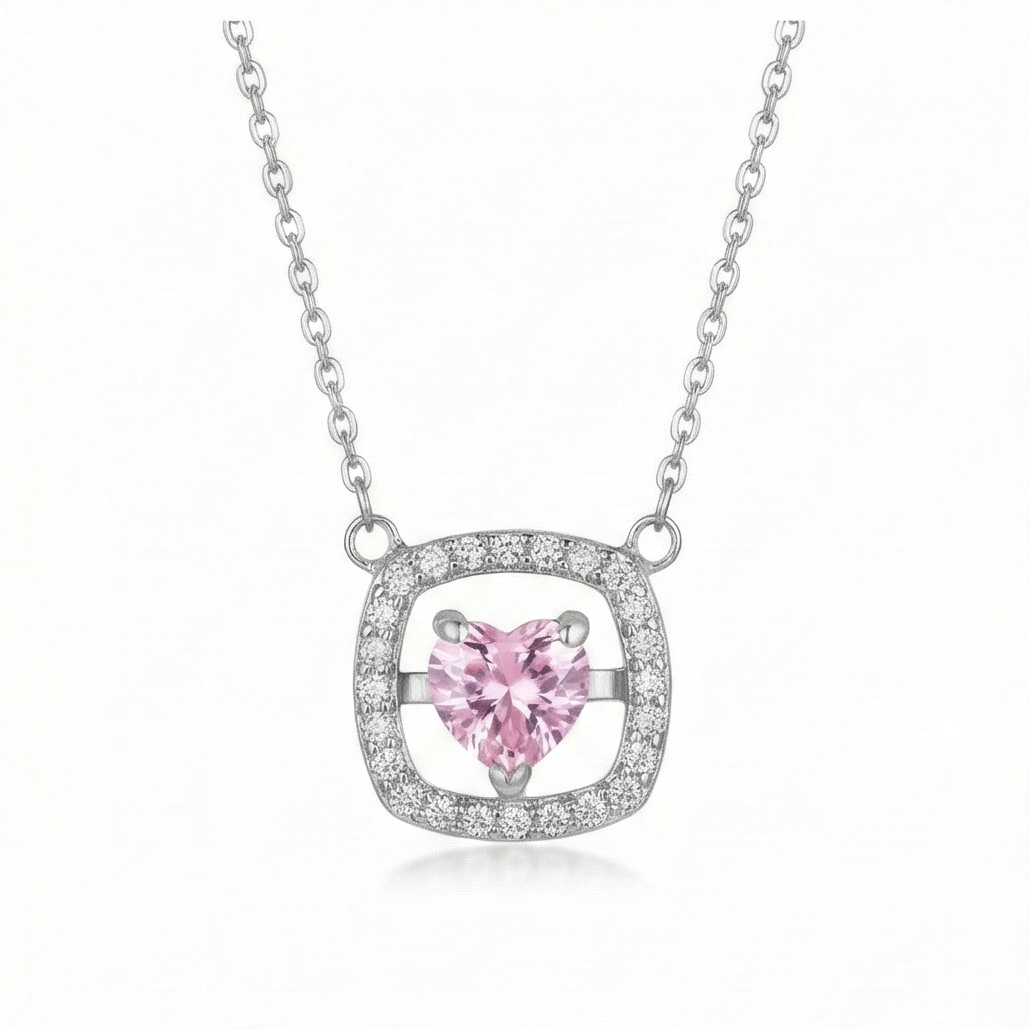 925 Sterling Silver Pink Heart Square Halo Pendant Necklace Jewellery for Women and Girls