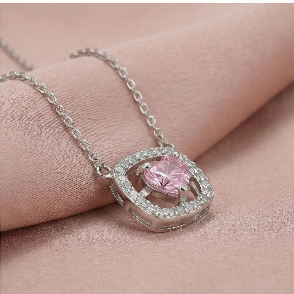 925 Sterling Silver Pink Heart Square Halo Pendant Necklace Jewellery for Women and Girls