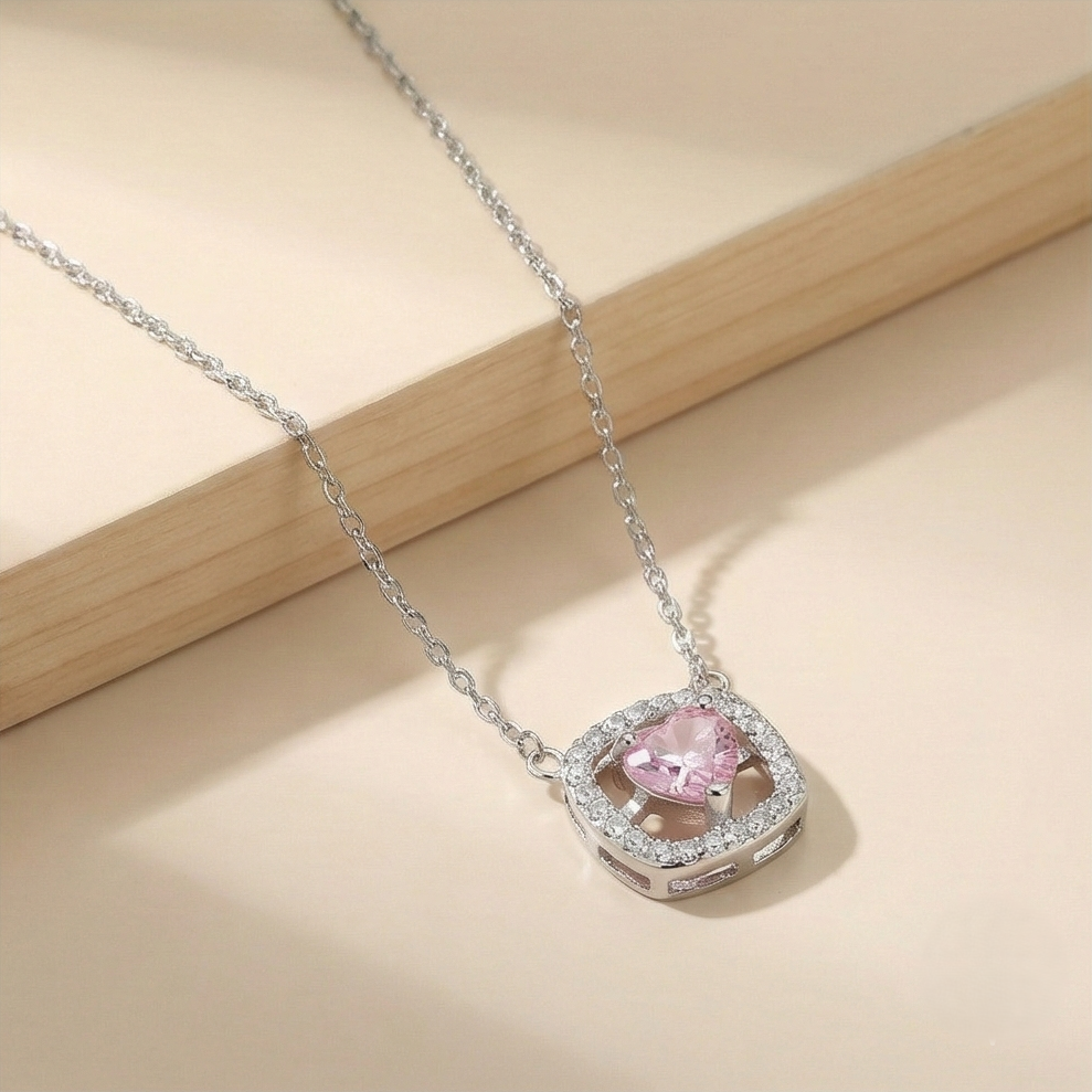 925 Sterling Silver Pink Heart Square Halo Pendant Necklace Jewellery for Women and Girls