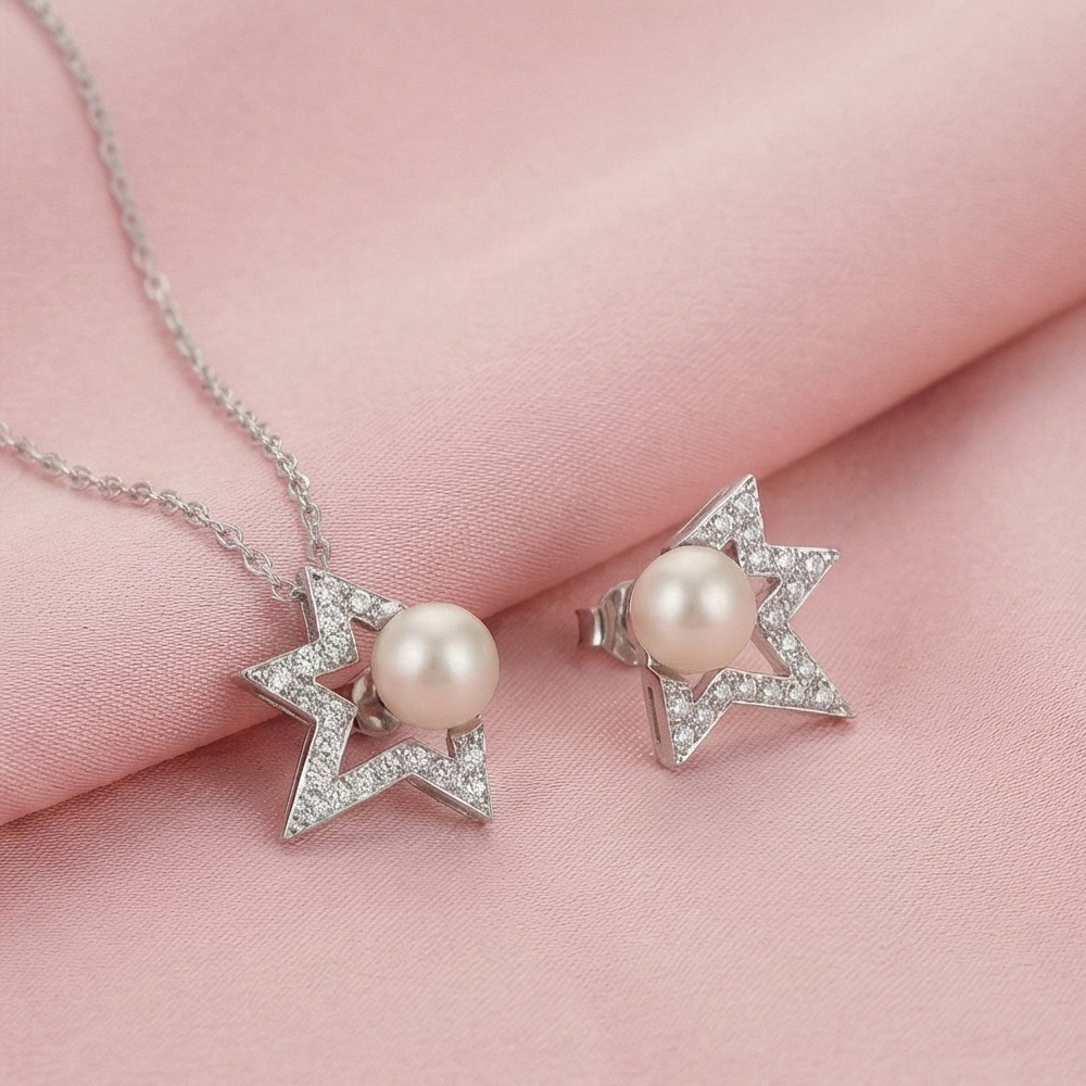 925 Sterling Silver Star Outline Pearl Pendant Necklace and Earrings Set Jewellery