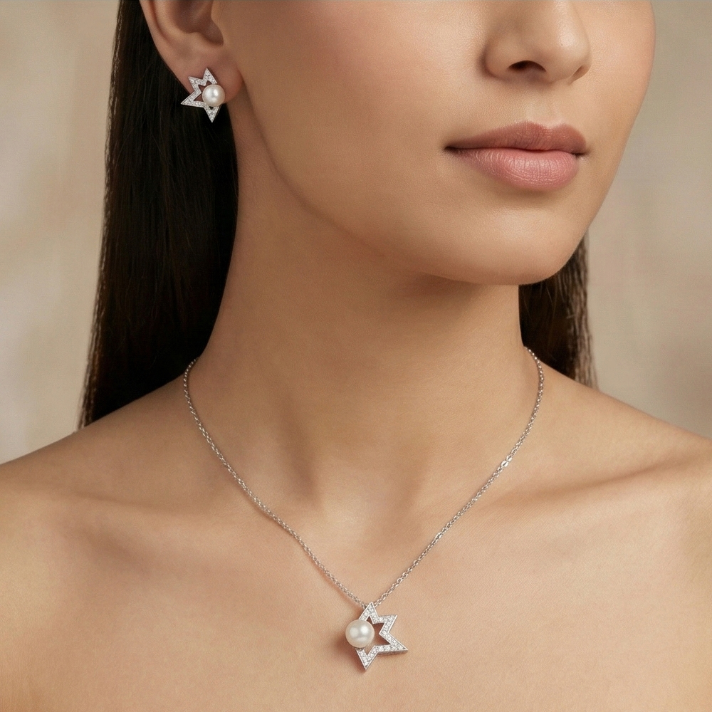 925 Sterling Silver Star Outline Pearl Pendant Necklace and Earrings Set Jewellery