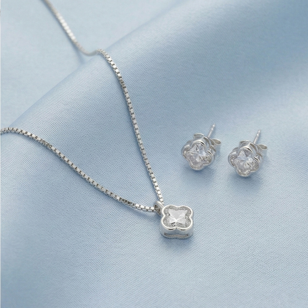 925 Sterling Silver Four Leaf Clover Pendant Necklace and Stud Earrings Set High Polish Rhodium Finish Jewellery