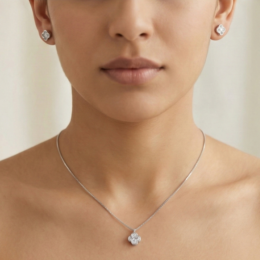 925 Sterling Silver Four Leaf Clover Pendant Necklace and Stud Earrings Set High Polish Rhodium Finish Jewellery
