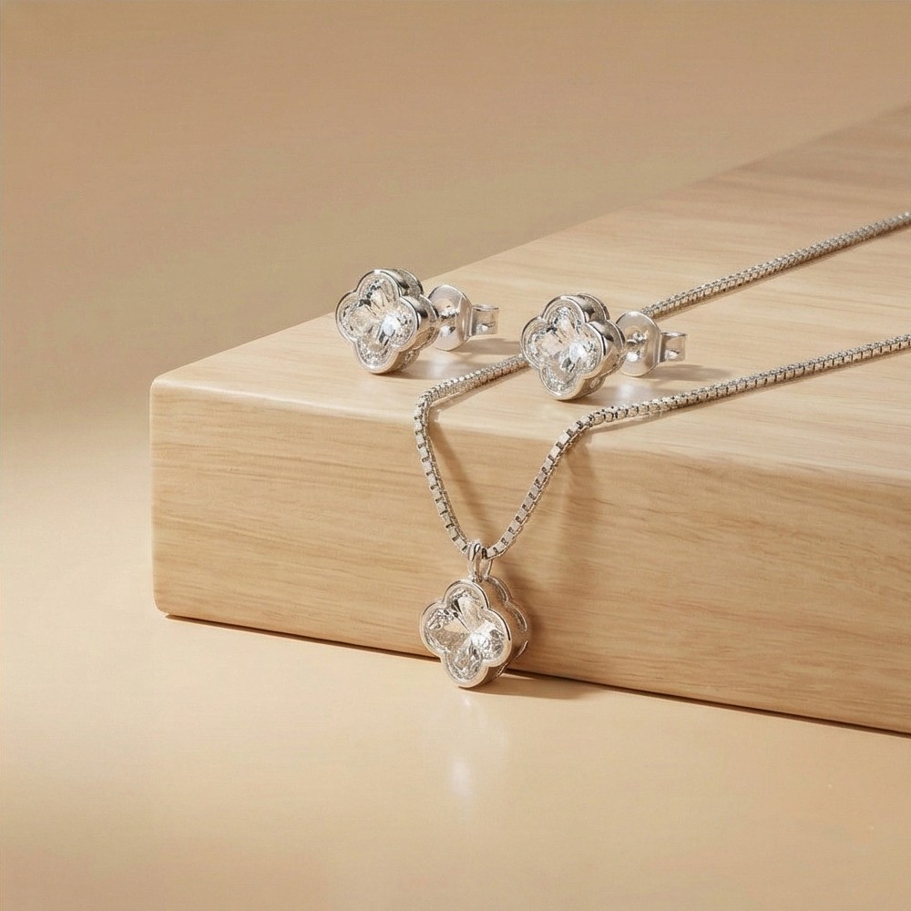 925 Sterling Silver Four Leaf Clover Pendant Necklace and Stud Earrings Set High Polish Rhodium Finish Jewellery