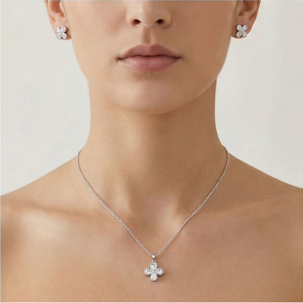 925 Sterling Silver Sparkling Floral Clover Pendant and Earring Set High Polish Jewellery for Women