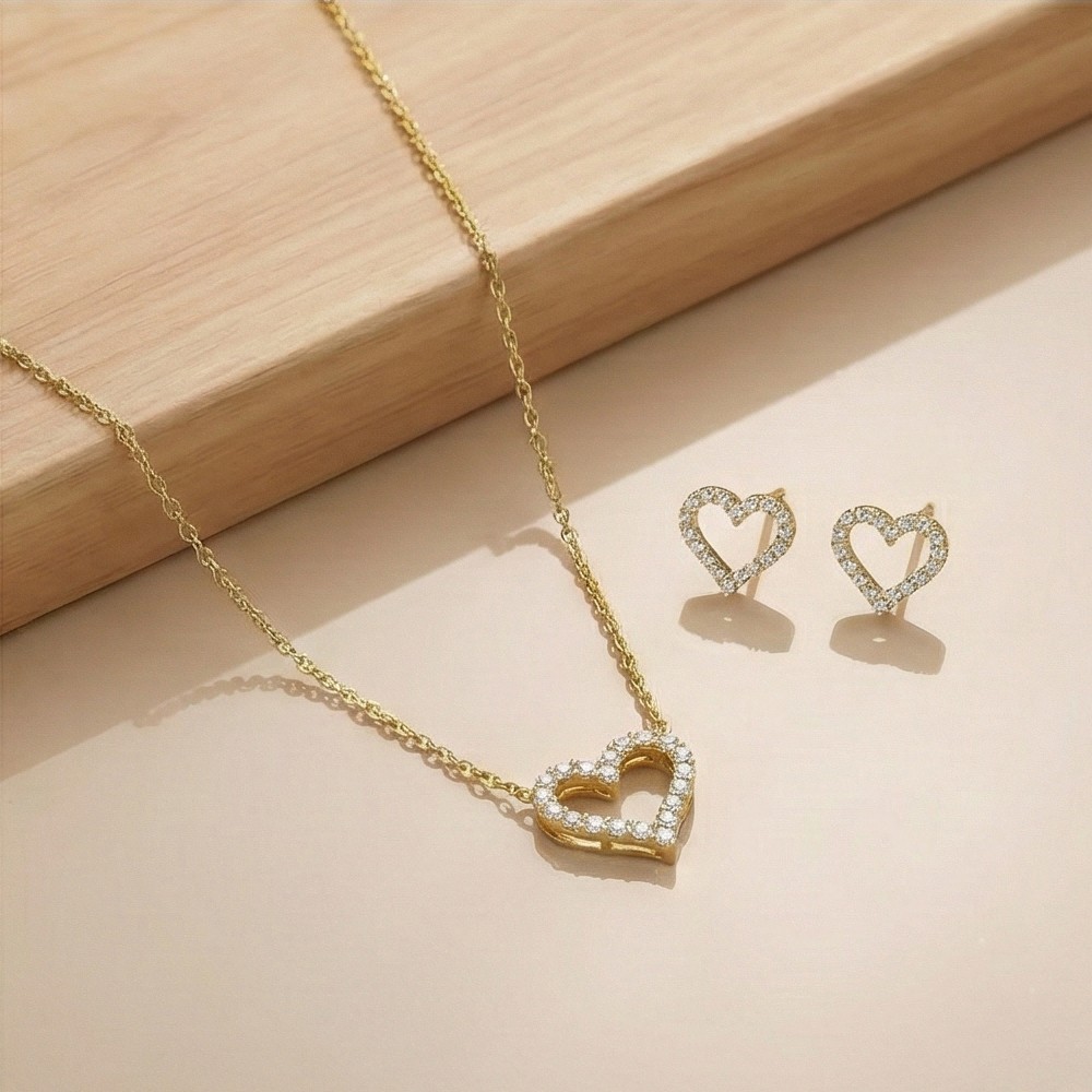 925 Sterling Silver Open Heart Chain Pendant Necklace and Stud Earrings Set, Yellow Gold Plated Minimalist Jewellery for Women