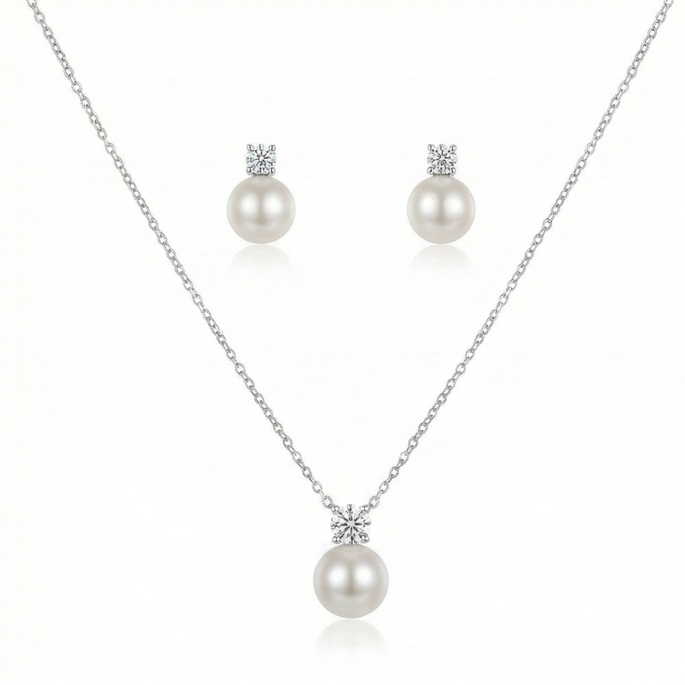 925 Sterling Silver Elegant Pearl Drop Pendant Necklace and Stud Earrings Set Jewellery with High Polish Rhodium Finish
