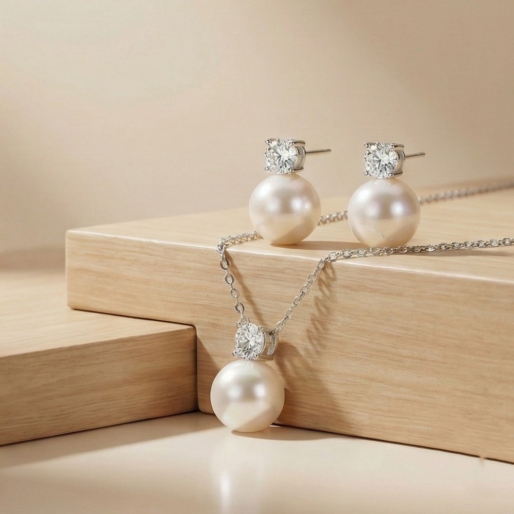925 Sterling Silver Elegant Pearl Drop Pendant Necklace and Stud Earrings Set Jewellery with High Polish Rhodium Finish