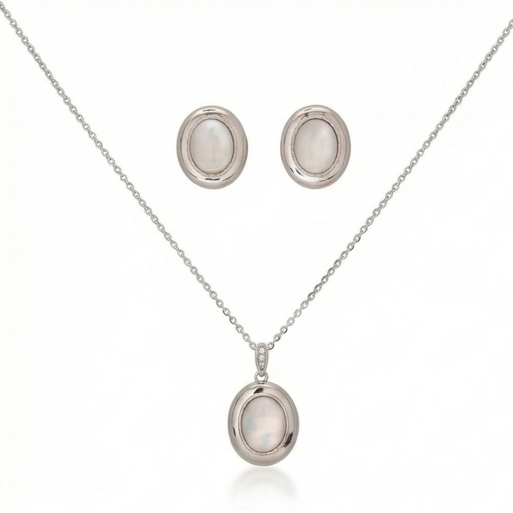 925 Sterling Silver Oval White Shell Stone Pendant Necklace and Earrings Set Jewellery High Polish
