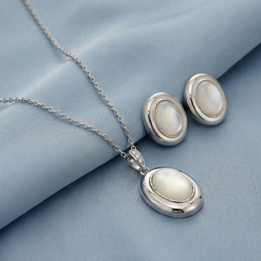 925 Sterling Silver Oval White Shell Stone Pendant Necklace and Earrings Set Jewellery High Polish