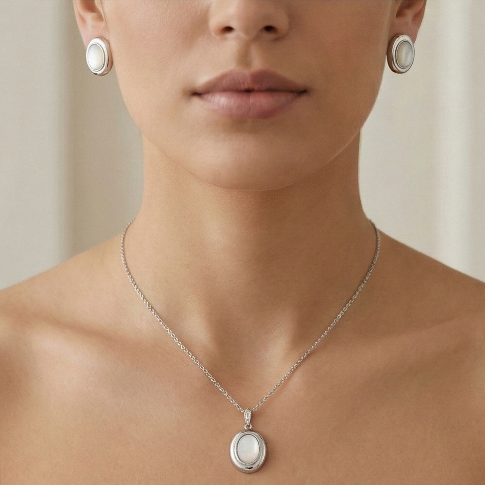 925 Sterling Silver Oval White Shell Stone Pendant Necklace and Earrings Set Jewellery High Polish