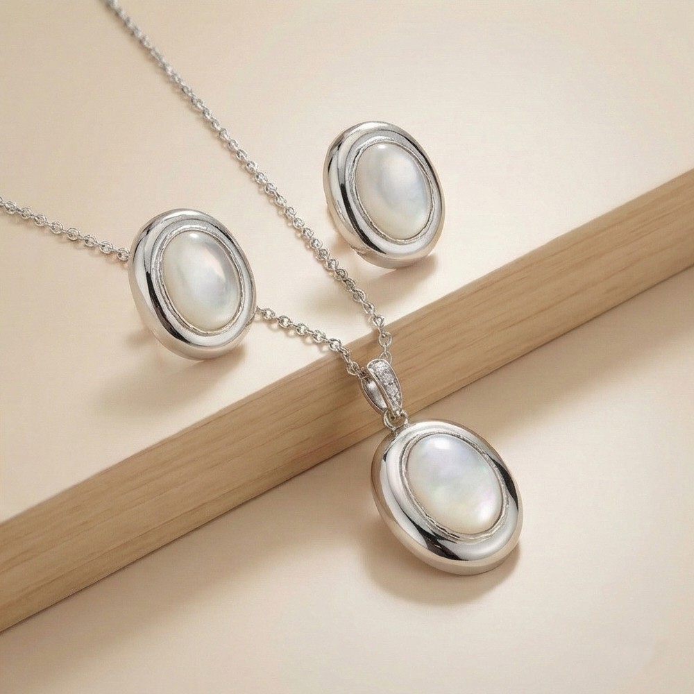 925 Sterling Silver Oval White Shell Stone Pendant Necklace and Earrings Set Jewellery High Polish