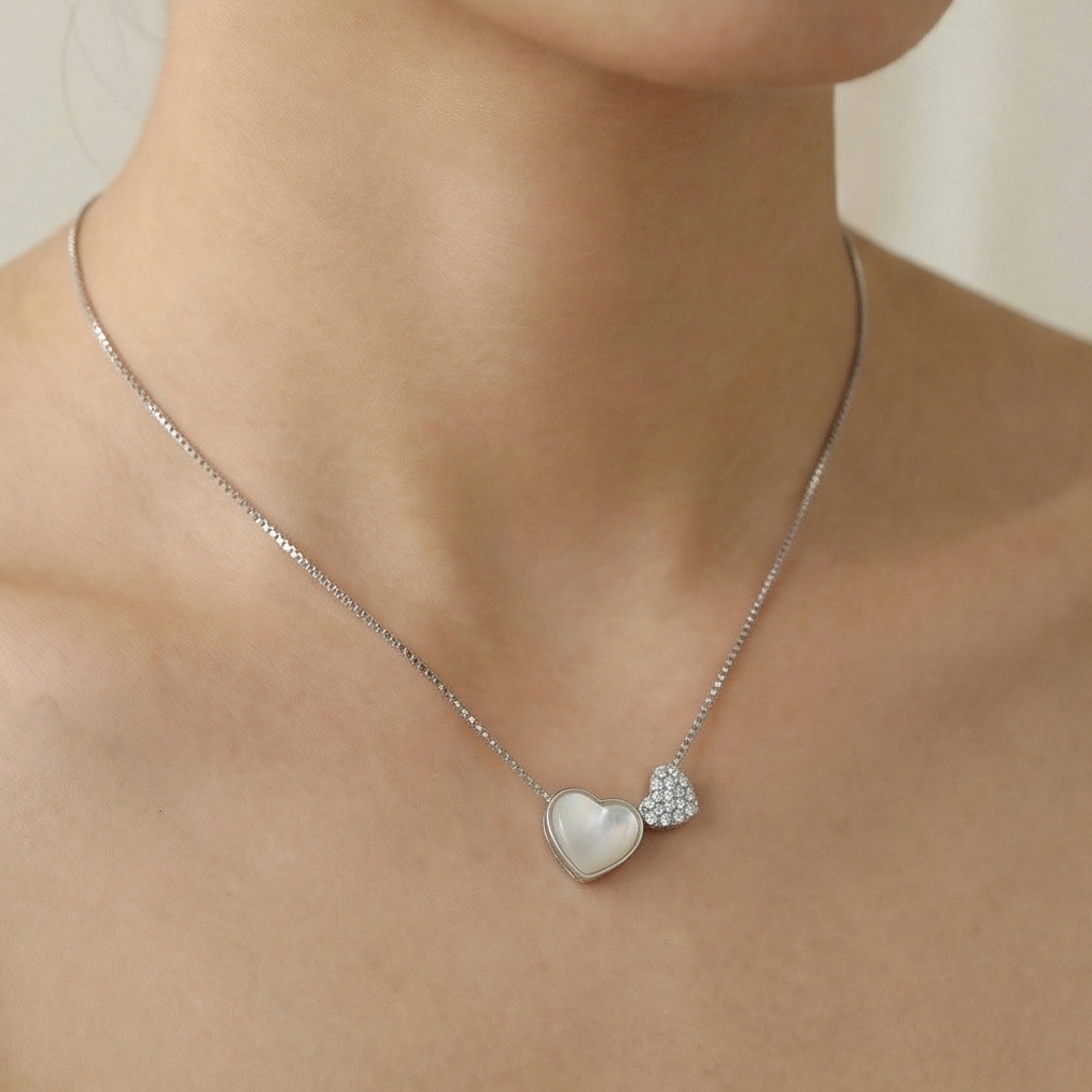 925 Sterling Silver Mother of Pearl Double Heart Pendant Necklace Jewellery for Women