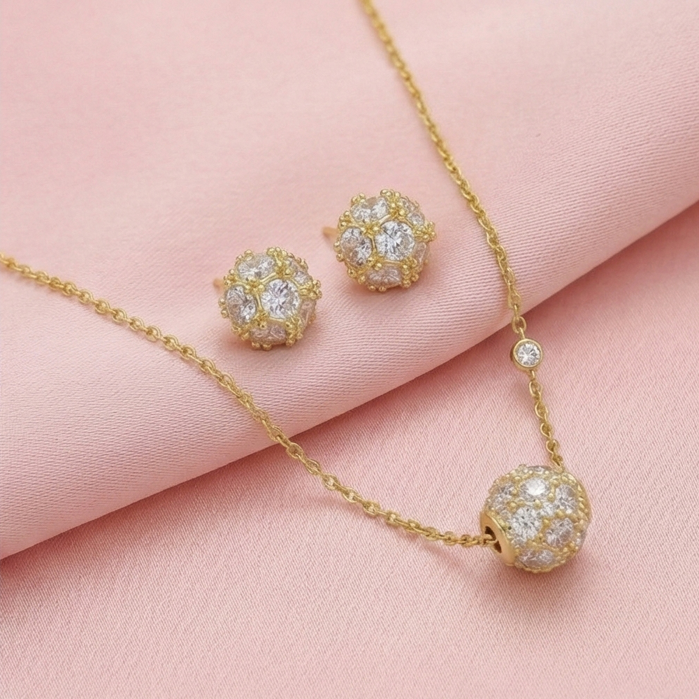 925 Sterling Silver Pave Orb Pendant Necklace and Stud Earrings Set Yellow Gold Plated Jewellery