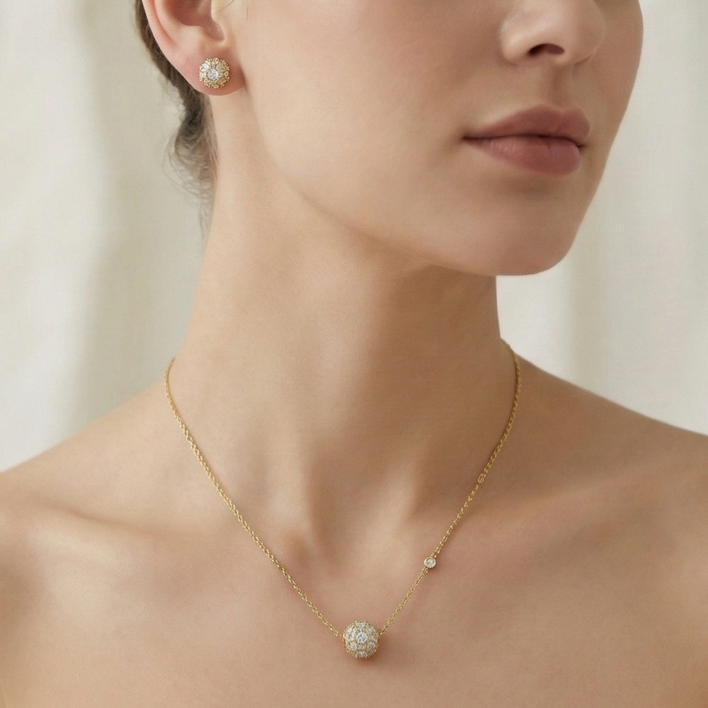 925 Sterling Silver Pave Orb Pendant Necklace and Stud Earrings Set Yellow Gold Plated Jewellery
