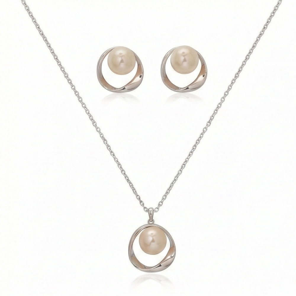 925 Sterling Silver Modern Open Circle Pearl Chain Pendant and Earring Set Jewellery for Women