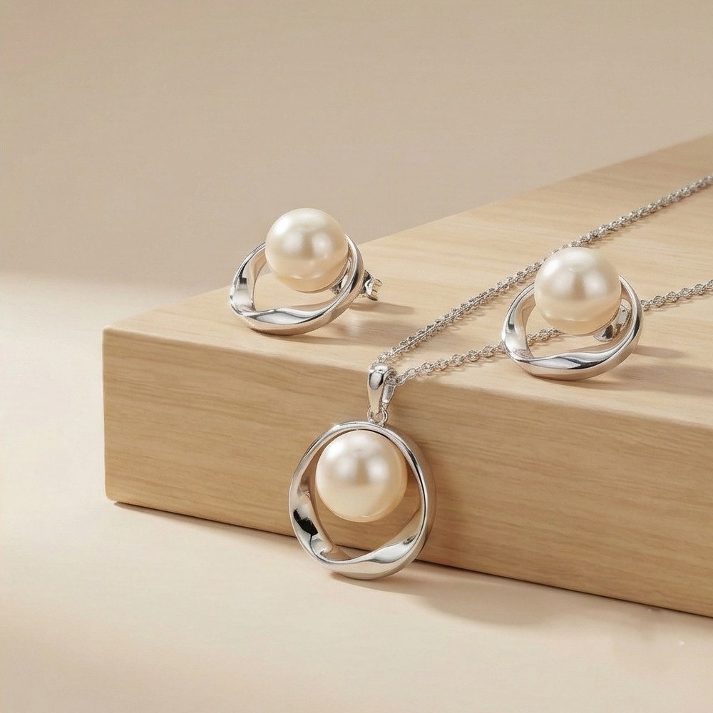 925 Sterling Silver Modern Open Circle Pearl Chain Pendant and Earring Set Jewellery for Women