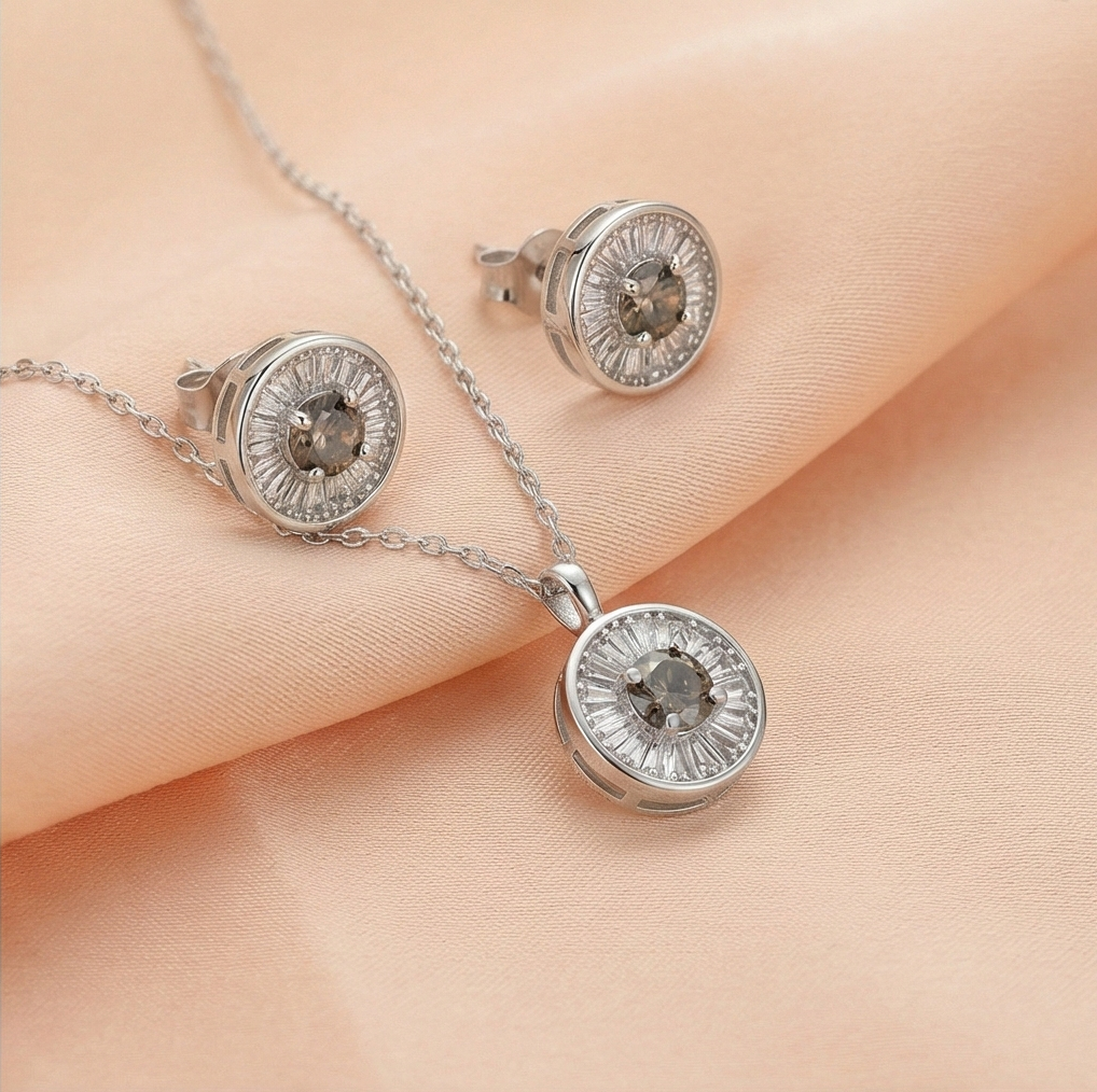 925 Sterling Silver Round Sunburst Halo Pendant and Stud Earrings Set Rhodium Plated Luxury Jewellery for Women