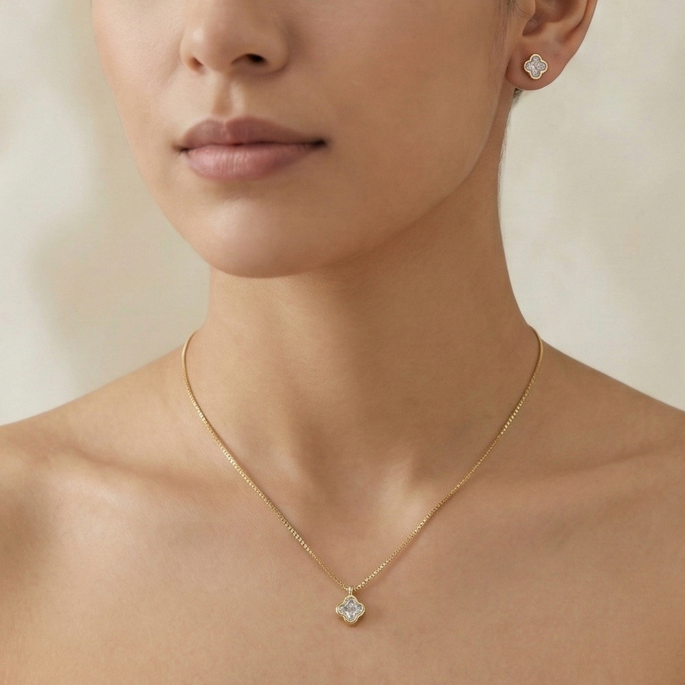 925 Sterling Silver Four Leaf Clover Chain Pendant Necklace and Stud Earrings Set Yellow Gold Plated Jewellery
