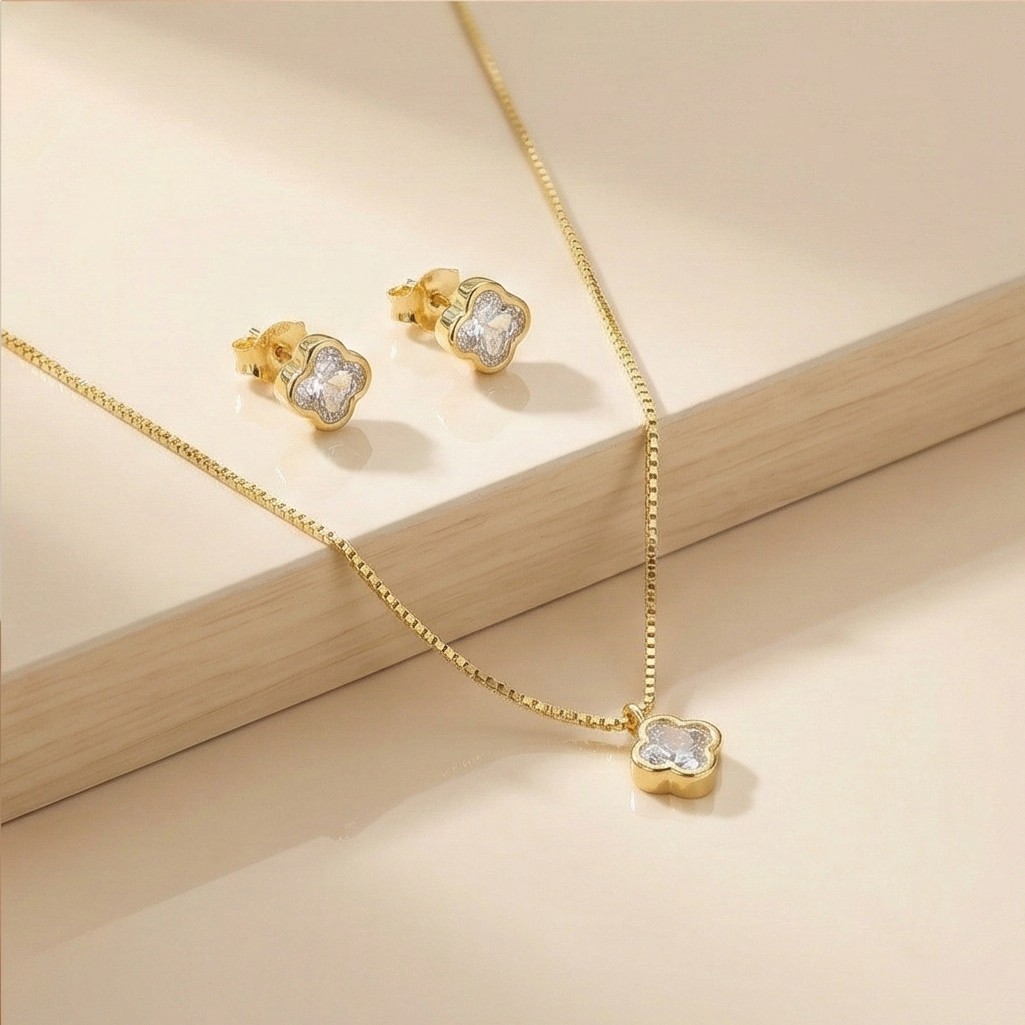 925 Sterling Silver Four Leaf Clover Chain Pendant Necklace and Stud Earrings Set Yellow Gold Plated Jewellery