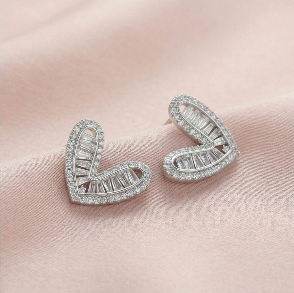 925 Sterling Silver Baguette Accent Heart Stud Earrings Contemporary Jewellery