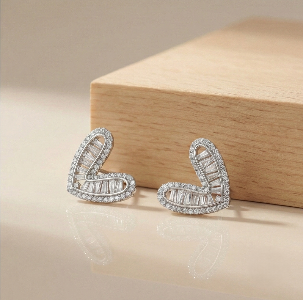 925 Sterling Silver Baguette Accent Heart Stud Earrings Contemporary Jewellery