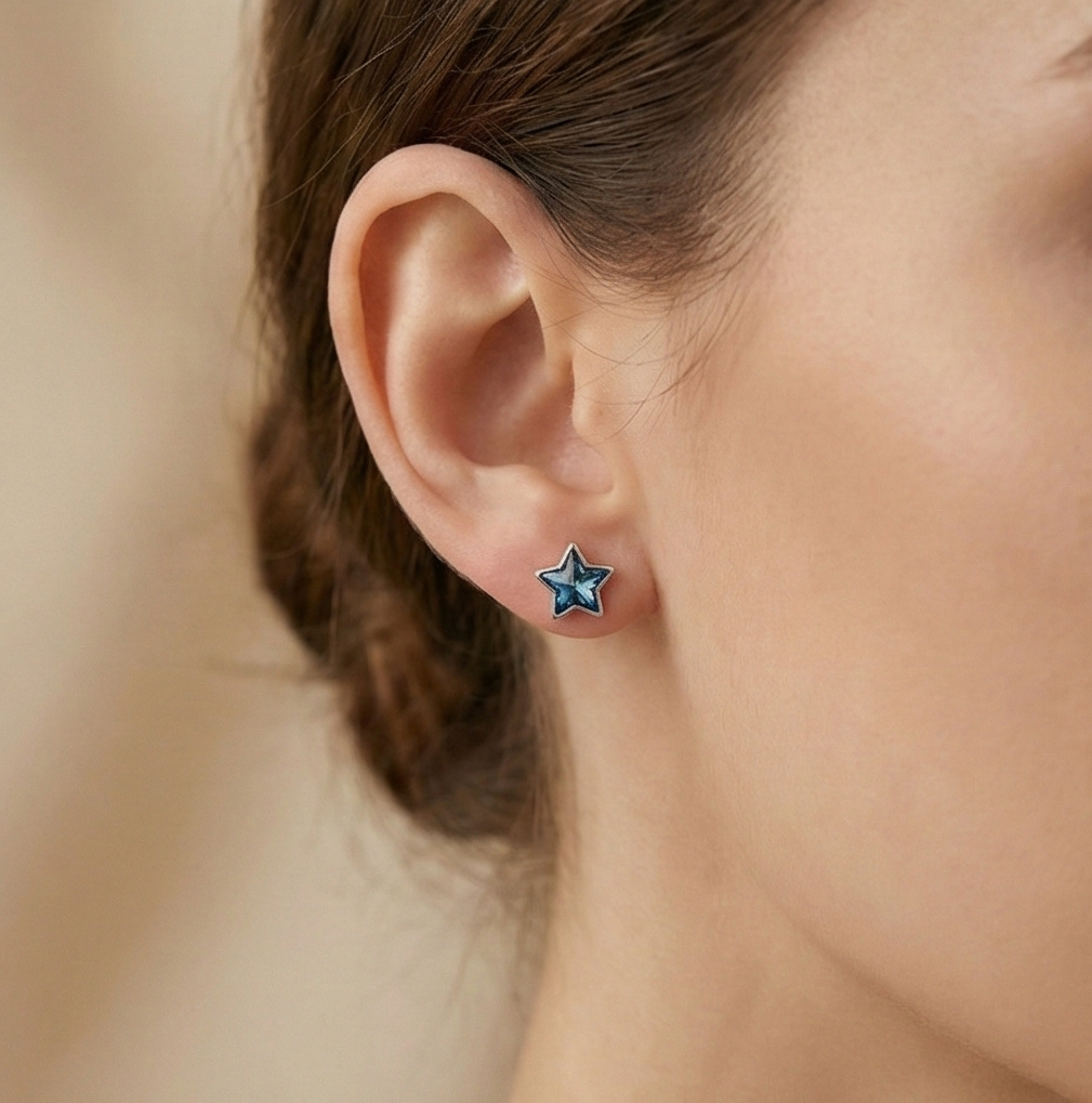 925 Sterling Silver Blue Crystal Star Stud Earrings Jewellery