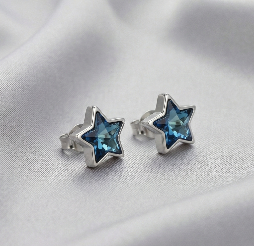 925 Sterling Silver Blue Crystal Star Stud Earrings Jewellery