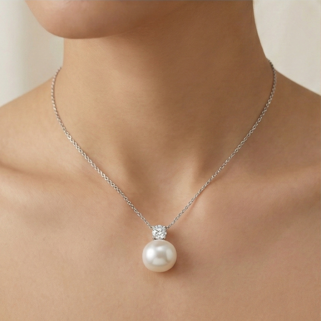 925 Sterling Silver Elegant Pearl and Crystal Solitaire Pendant Necklace Jewellery for Women