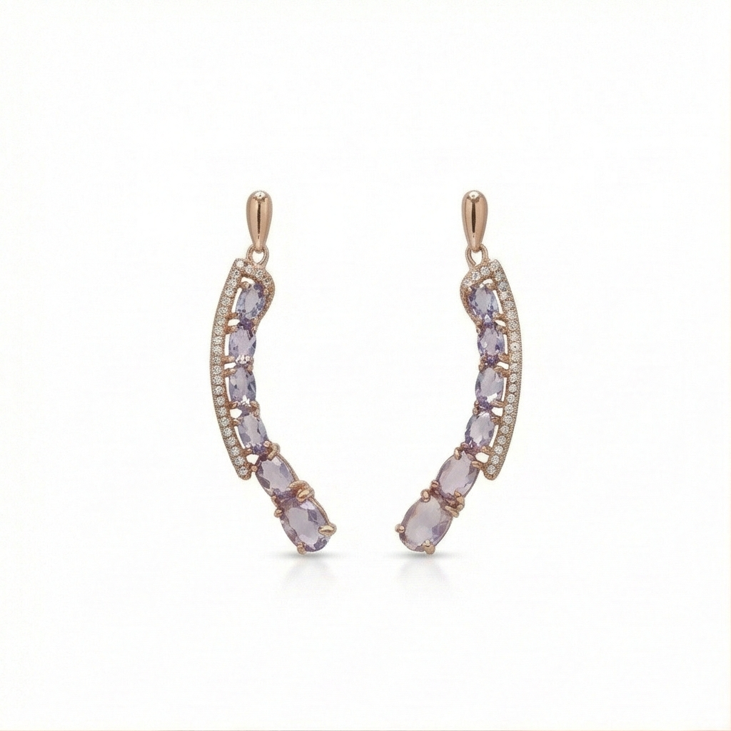 925 Sterling Silver Rose Gold Plated Oval Purple Stone Curved Crawler Earrings Jewellery for Women