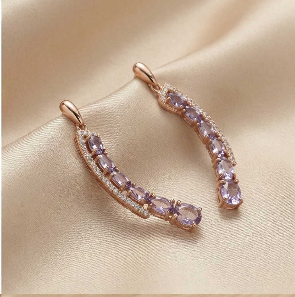 925 Sterling Silver Rose Gold Plated Oval Purple Stone Curved Crawler Earrings Jewellery for Women