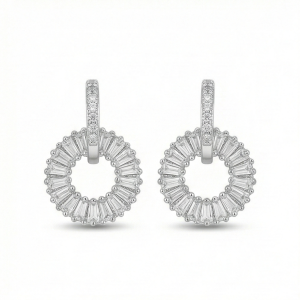 925 Sterling Silver Baguette Sunburst Circle Drop Earrings Platinum Finish Jewellery