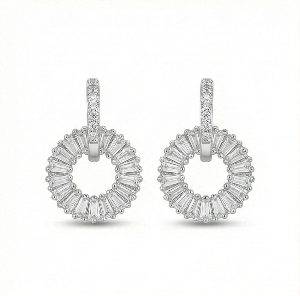 925 Sterling Silver Baguette Sunburst Circle Drop Earrings Platinum Finish Jewellery
