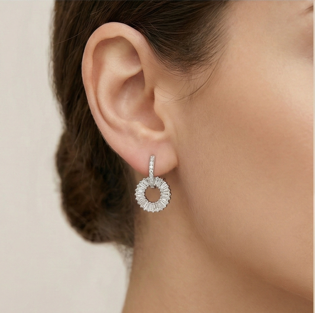 925 Sterling Silver Baguette Sunburst Circle Drop Earrings Platinum Finish Jewellery