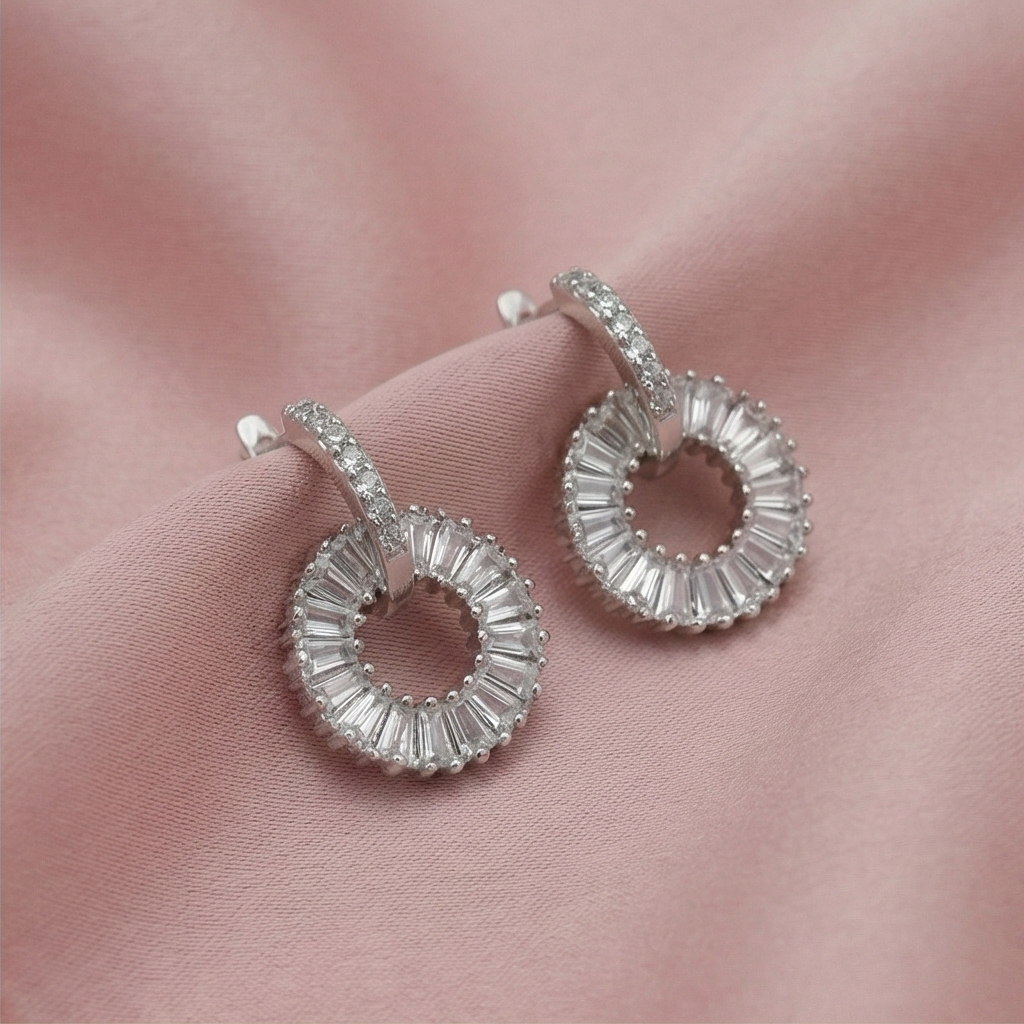 925 Sterling Silver Baguette Sunburst Circle Drop Earrings Platinum Finish Jewellery