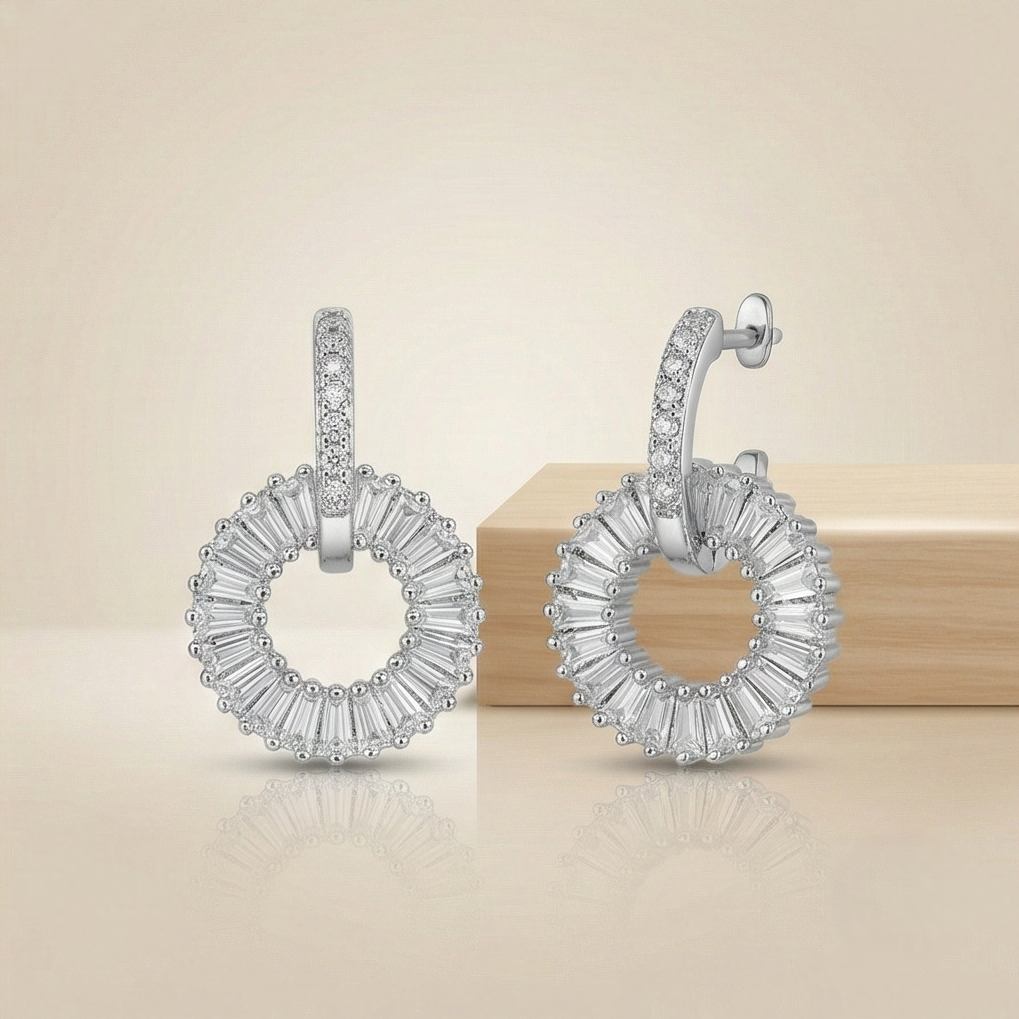 925 Sterling Silver Baguette Sunburst Circle Drop Earrings Platinum Finish Jewellery