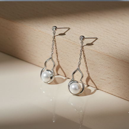 925 Sterling Silver Modern Abstract Curve Pearl Drop Earrings Jewellery