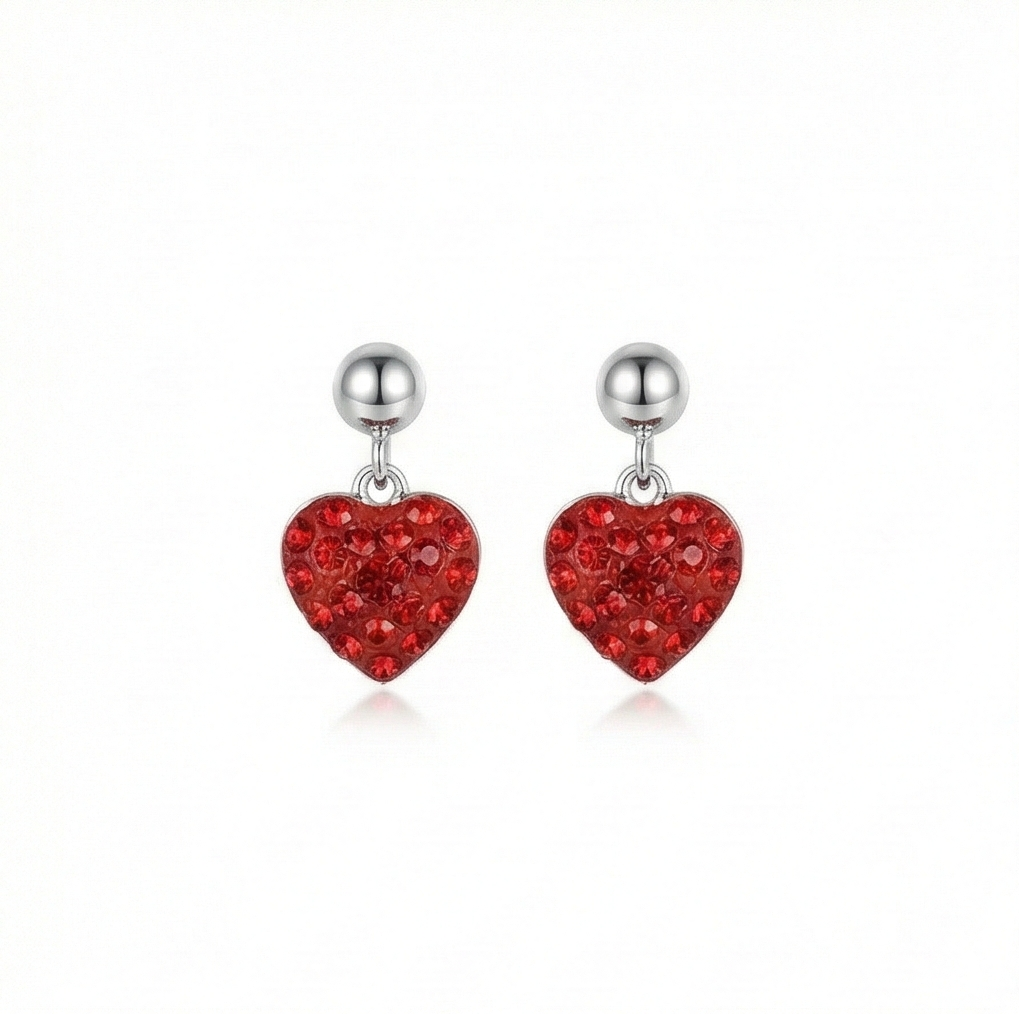 925 Sterling Silver Red Pave Heart Drop Earrings High Polish Jewellery for Women