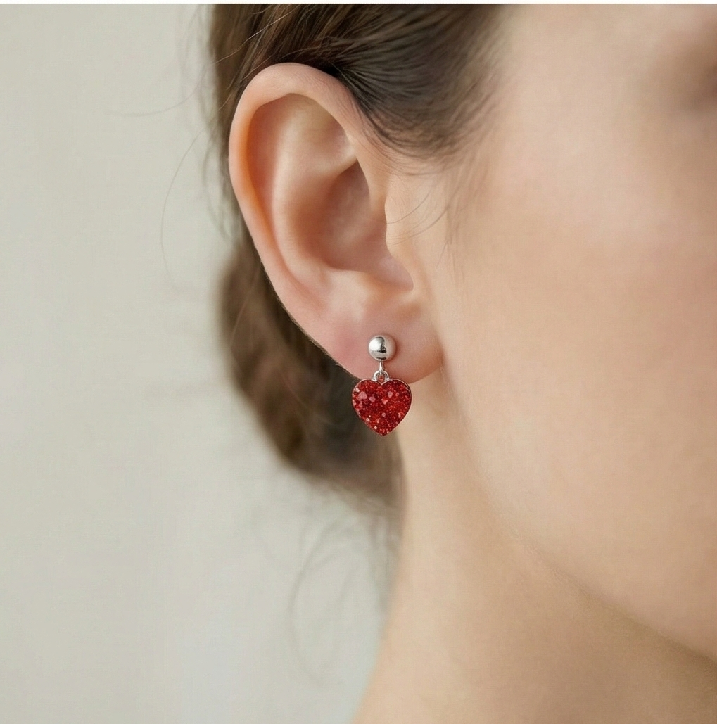 925 Sterling Silver Red Pave Heart Drop Earrings High Polish Jewellery for Women